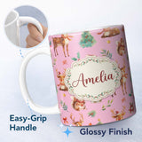 Personalized Custom Name Christmas Reindeer Squirrel Gift Festive Elements on Pink 11oz Ceramic Coffee Tea Mug White Large Handle