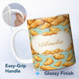 Personalized Custom Name Rustic Croissant Illustration Vintage Blue Wood Seamless Pattern 11oz Ceramic Coffee Tea Mug White Large Handle