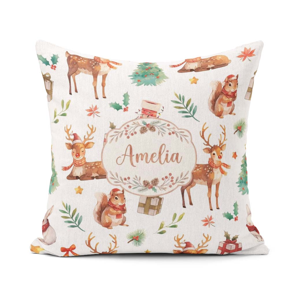 Custom Name Christmas Reindeer Squirrel Festive White Background Square Filled Cushion Throw Pillow Sofa Bed Home Decor Zip Washable UK Made