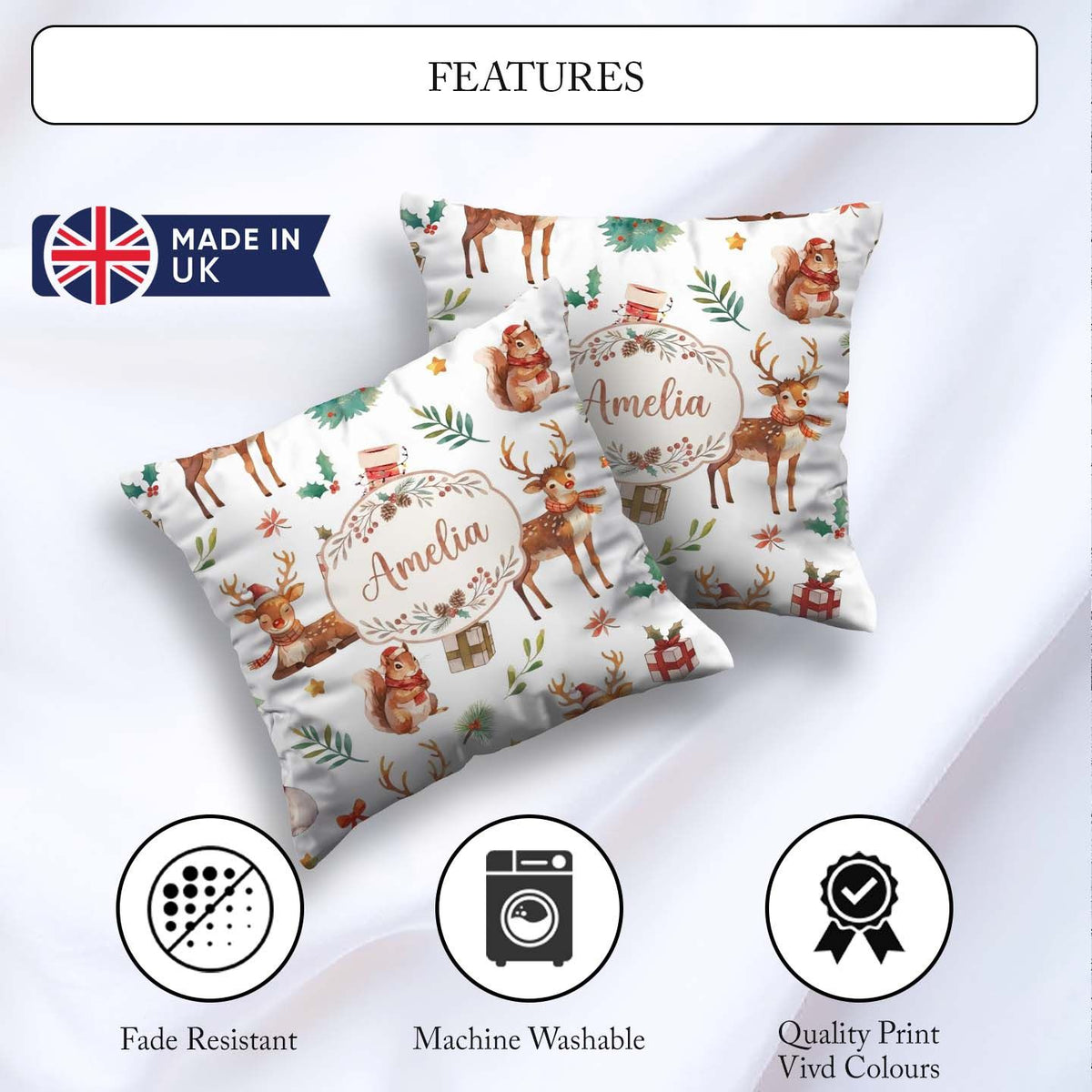 Custom Name Christmas Reindeer Squirrel Festive White Background Square Filled Cushion Throw Pillow Sofa Bed Home Decor Zip Washable UK Made