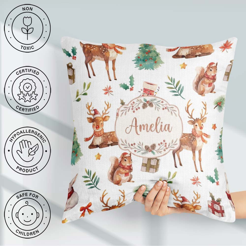 Custom Name Christmas Reindeer Squirrel Festive White Background Square Filled Cushion Throw Pillow Sofa Bed Home Decor Zip Washable UK Made