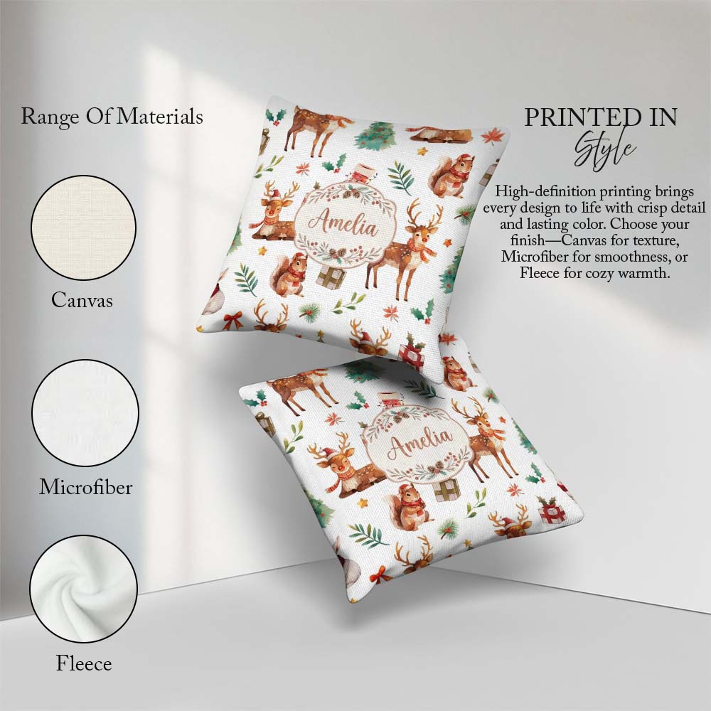 Custom Name Christmas Reindeer Squirrel Festive White Background Square Filled Cushion Throw Pillow Sofa Bed Home Decor Zip Washable UK Made