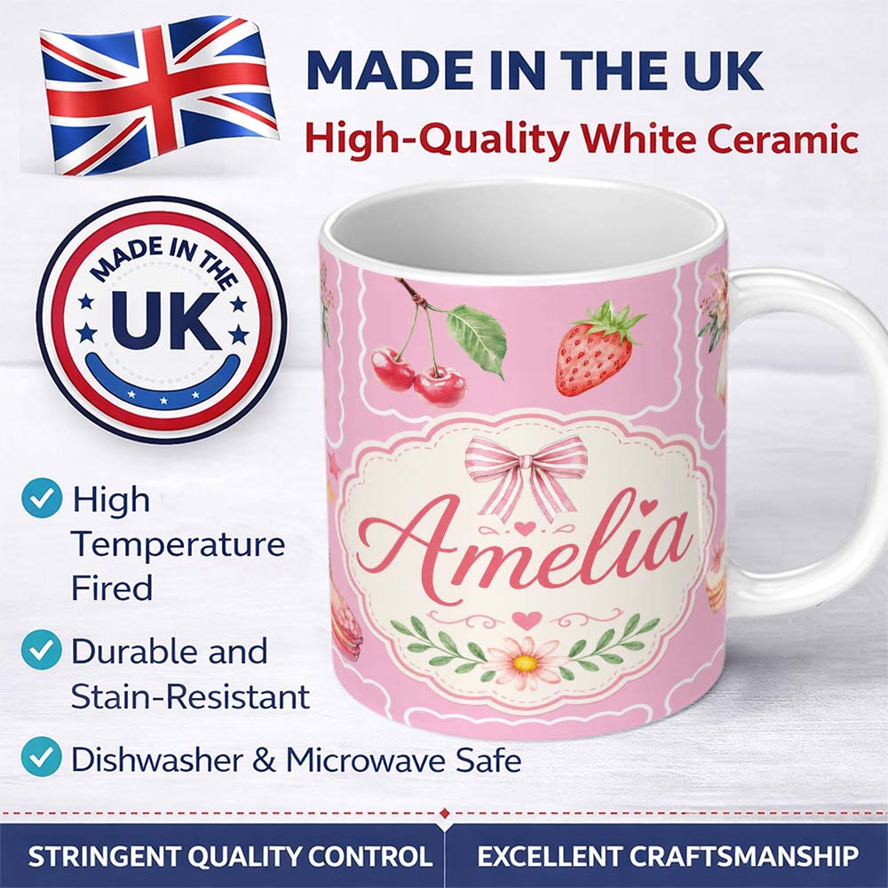 Personalized Custom Name Cute Watercolor Cherry Strawberry Ribbon Bow and Macaron Frame Pink 11oz Ceramic Coffee Tea Mug White Large Handle