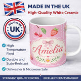 Personalized Custom Name Cute Watercolor Cherry Strawberry Ribbon Bow and Macaron Frame Pink 11oz Ceramic Coffee Tea Mug White Large Handle