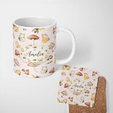 Personalized Custom Name Vintage Butterfly Bees Mushrooms Illustration Soft Pink Background 11oz Ceramic Coffee Tea Mug White Large Handle