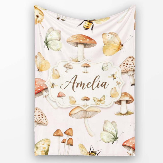Vintage Butterfly Bees Mushrooms Illustration Soft Pink Background  Personalised Custom Name Super Soft Fleece Blanket Bed Sofa Throw