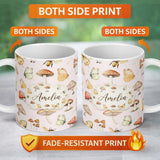 Personalized Custom Name Vintage Butterfly Bees Mushrooms Illustration Soft Pink Background 11oz Ceramic Coffee Tea Mug White Large Handle
