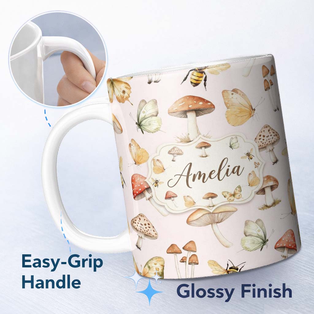 Personalized Custom Name Vintage Butterfly Bees Mushrooms Illustration Soft Pink Background 11oz Ceramic Coffee Tea Mug White Large Handle