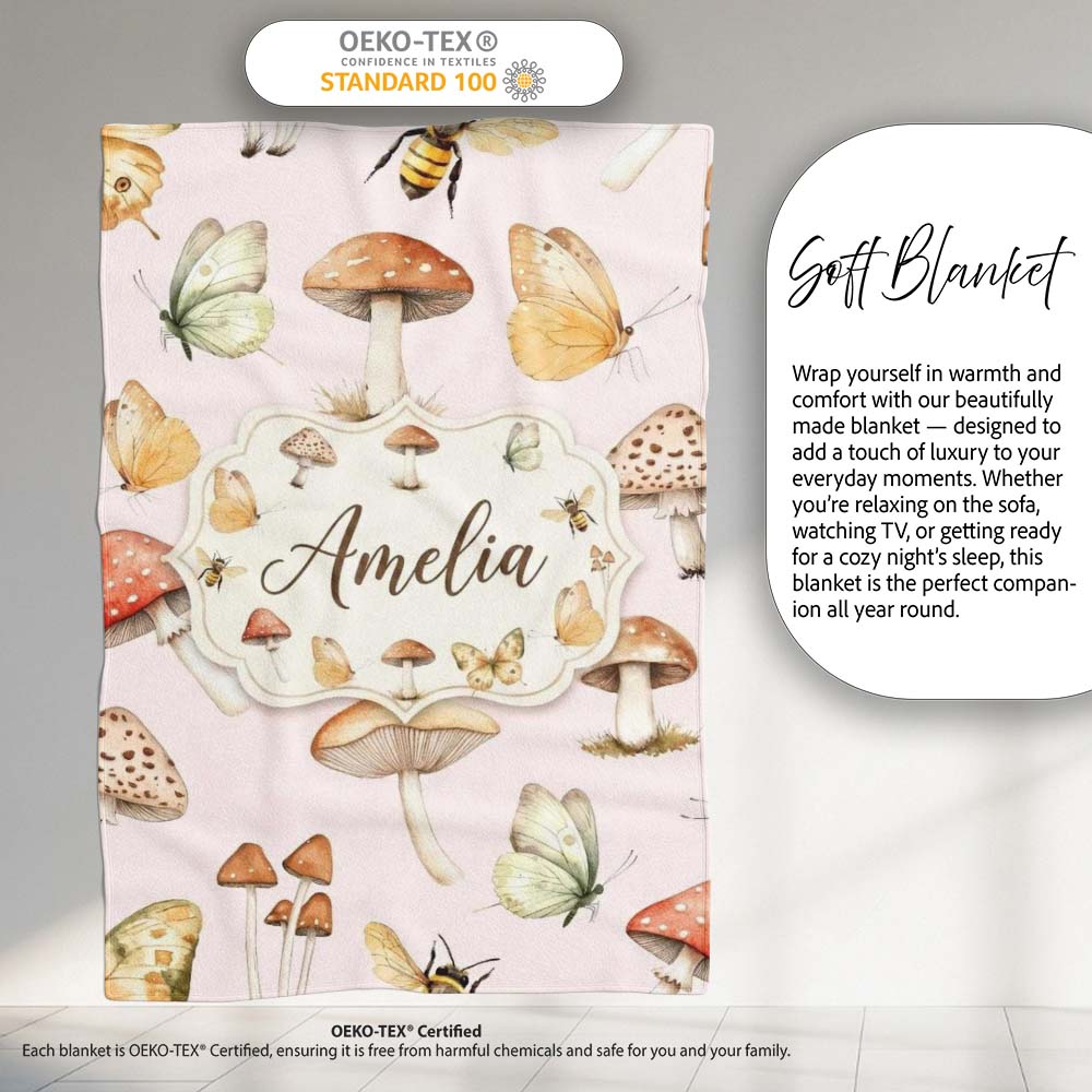 Vintage Butterfly Bees Mushrooms Illustration Soft Pink Background  Personalised Custom Name Super Soft Fleece Blanket Bed Sofa Throw