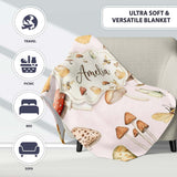 Vintage Butterfly Bees Mushrooms Illustration Soft Pink Background  Personalised Custom Name Super Soft Fleece Blanket Bed Sofa Throw