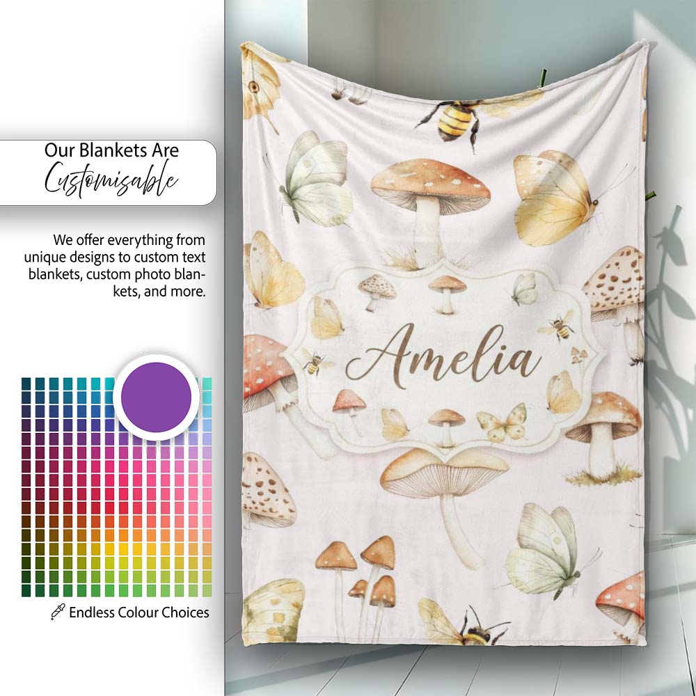 Vintage Butterfly Bees Mushrooms Illustration Soft Pink Background  Personalised Custom Name Super Soft Fleece Blanket Bed Sofa Throw
