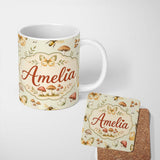 Personalized Custom Name Vintage Butterfly Bees Mushrooms Illustration Sage Green Background 11oz Ceramic Coffee Tea Mug White Large Handle