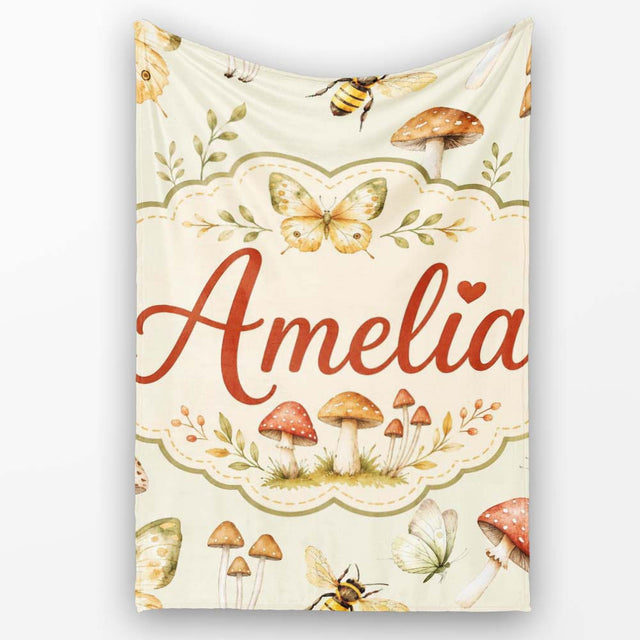 Vintage Butterfly Bees Mushrooms Illustration Sage Green Background  Personalised Custom Name Super Soft Fleece Blanket Bed Sofa Throw