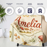 Vintage Butterfly Bees Mushrooms Illustration Sage Green Background  Personalised Custom Name Super Soft Fleece Blanket Bed Sofa Throw