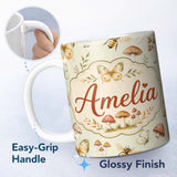 Personalized Custom Name Vintage Butterfly Bees Mushrooms Illustration Sage Green Background 11oz Ceramic Coffee Tea Mug White Large Handle
