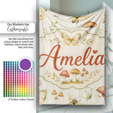 Vintage Butterfly Bees Mushrooms Illustration Sage Green Background  Personalised Custom Name Super Soft Fleece Blanket Bed Sofa Throw