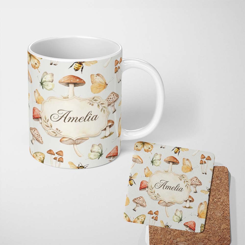Personalized Custom Name Vintage Butterfly Bees Mushrooms Illustration Light Beige 11oz Ceramic Coffee Tea Mug White Large Handle