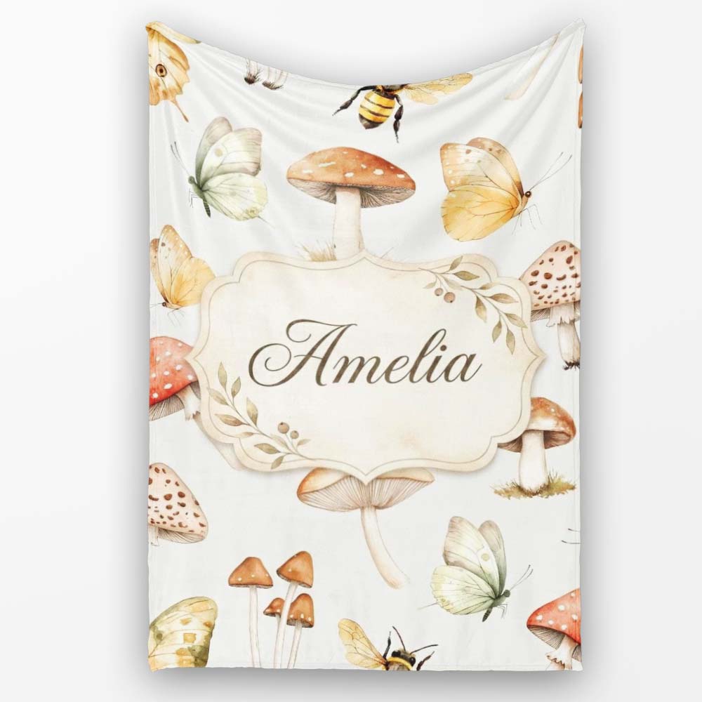 Vintage Butterfly Bees Mushrooms Illustration Light Beige  Personalised Custom Name Super Soft Fleece Blanket Bed Sofa Throw