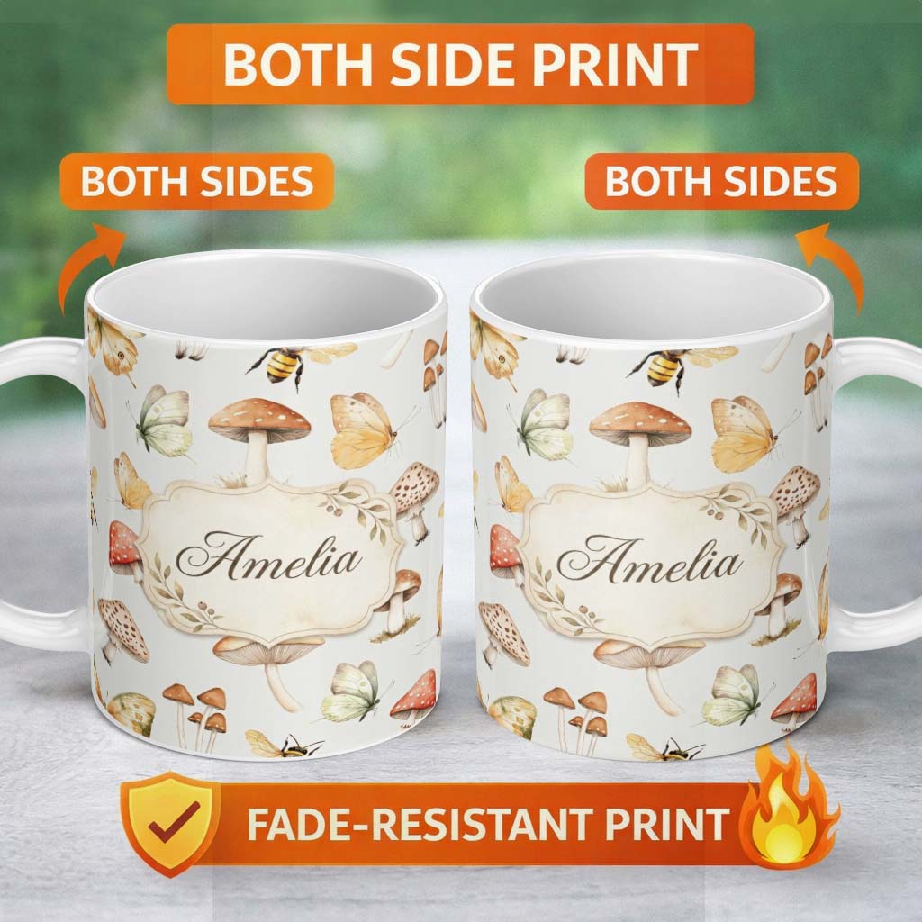 Personalized Custom Name Vintage Butterfly Bees Mushrooms Illustration Light Beige 11oz Ceramic Coffee Tea Mug White Large Handle