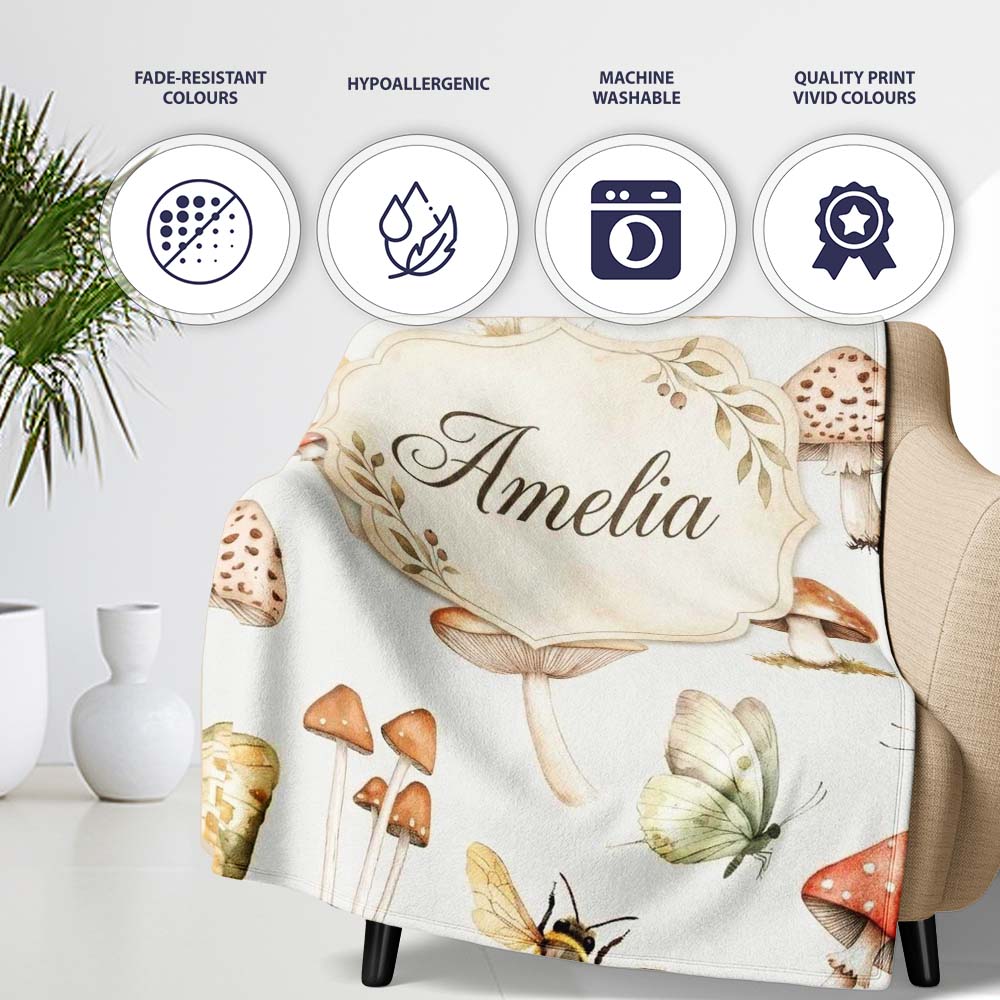 Vintage Butterfly Bees Mushrooms Illustration Light Beige  Personalised Custom Name Super Soft Fleece Blanket Bed Sofa Throw