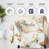 Vintage Butterfly Bees Mushrooms Illustration Light Beige  Personalised Custom Name Super Soft Fleece Blanket Bed Sofa Throw