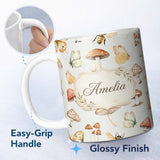 Personalized Custom Name Vintage Butterfly Bees Mushrooms Illustration Light Beige 11oz Ceramic Coffee Tea Mug White Large Handle