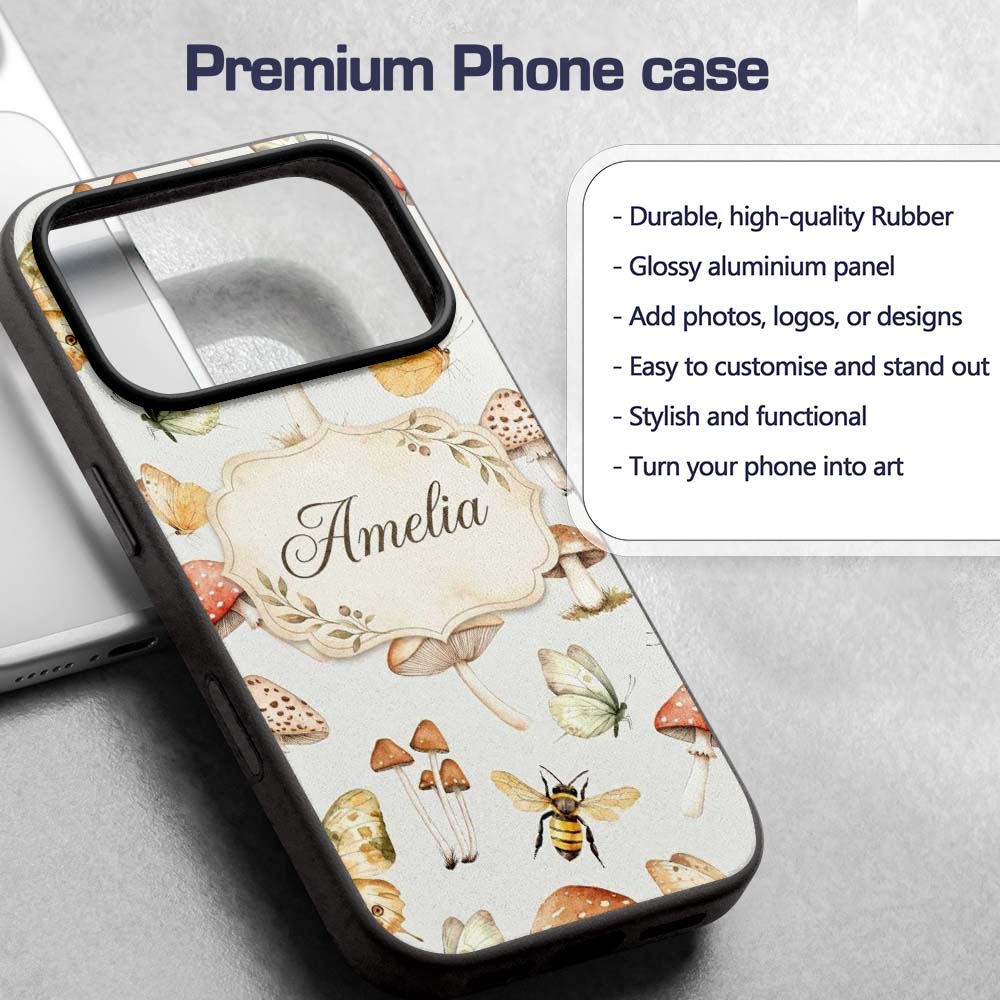 Vintage Butterfly Bees Mushrooms Illustration Custom Name Protective Phone Case Mobile Cover Durable Everyday Smartphone Shock Resistant