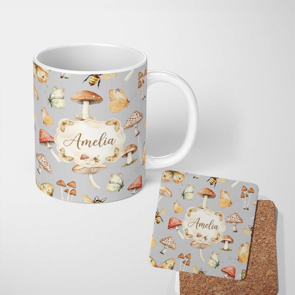 Personalized Custom Name Vintage Butterfly Bees Mushrooms Illustration Soft Grey Background 11oz Ceramic Coffee Tea Mug White Large Handle