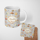Personalized Custom Name Vintage Butterfly Bees Mushrooms Illustration Soft Grey Background 11oz Ceramic Coffee Tea Mug White Large Handle