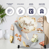 Vintage Butterfly Bees Mushrooms Illustration Soft Grey Background  Personalised Custom Name Super Soft Fleece Blanket Bed Sofa Throw