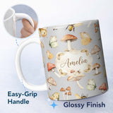 Personalized Custom Name Vintage Butterfly Bees Mushrooms Illustration Soft Grey Background 11oz Ceramic Coffee Tea Mug White Large Handle