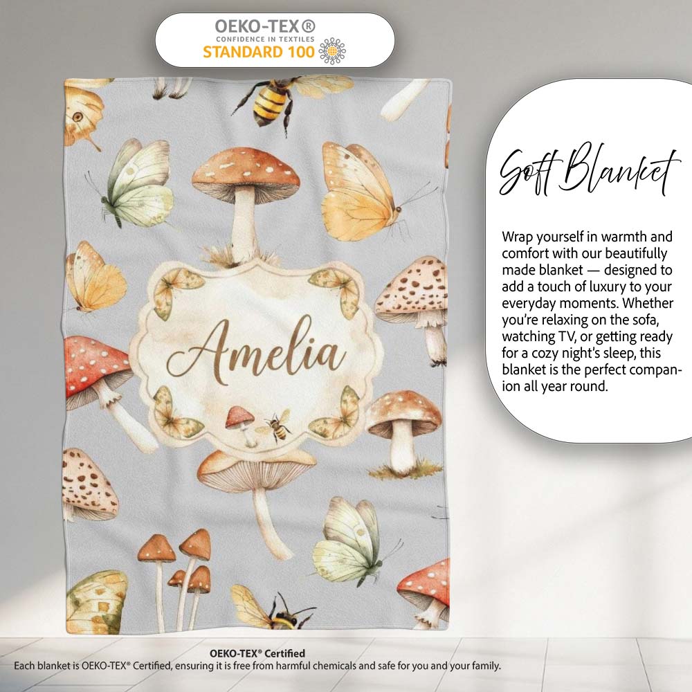 Vintage Butterfly Bees Mushrooms Illustration Soft Grey Background  Personalised Custom Name Super Soft Fleece Blanket Bed Sofa Throw