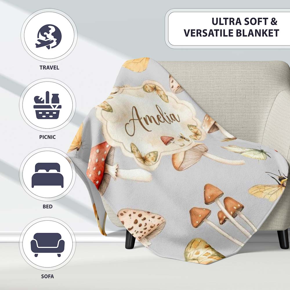 Vintage Butterfly Bees Mushrooms Illustration Soft Grey Background  Personalised Custom Name Super Soft Fleece Blanket Bed Sofa Throw