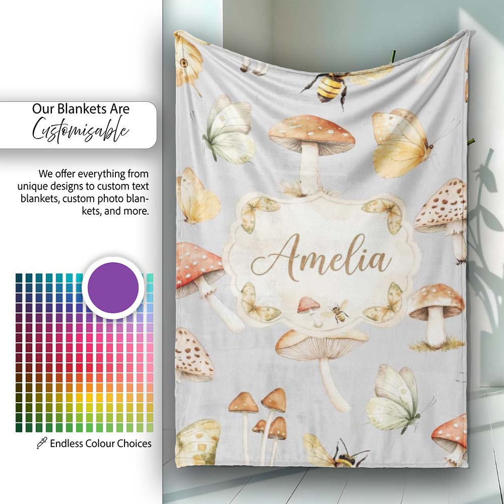 Vintage Butterfly Bees Mushrooms Illustration Soft Grey Background  Personalised Custom Name Super Soft Fleece Blanket Bed Sofa Throw