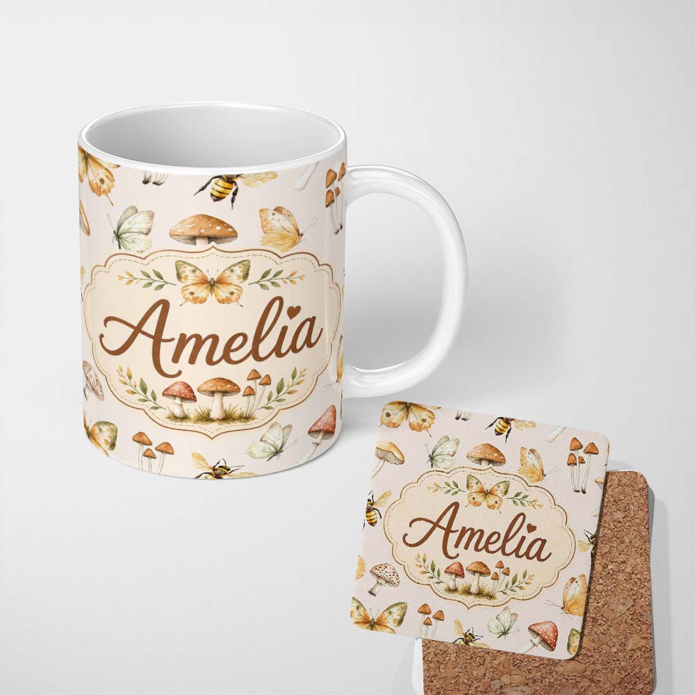 Personalized Custom Name Vintage Butterfly Bees Mushrooms Illustration Warm Cream Background 11oz Ceramic Coffee Tea Mug White Large Handle