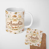 Personalized Custom Name Vintage Butterfly Bees Mushrooms Illustration Warm Cream Background 11oz Ceramic Coffee Tea Mug White Large Handle