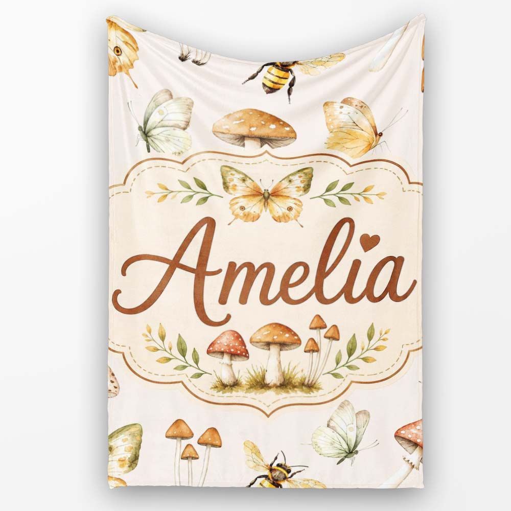 Vintage Butterfly Bees Mushrooms Illustration Warm Cream Background  Personalised Custom Name Super Soft Fleece Blanket Bed Sofa Throw