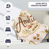 Vintage Butterfly Bees Mushrooms Illustration Warm Cream Background  Personalised Custom Name Super Soft Fleece Blanket Bed Sofa Throw