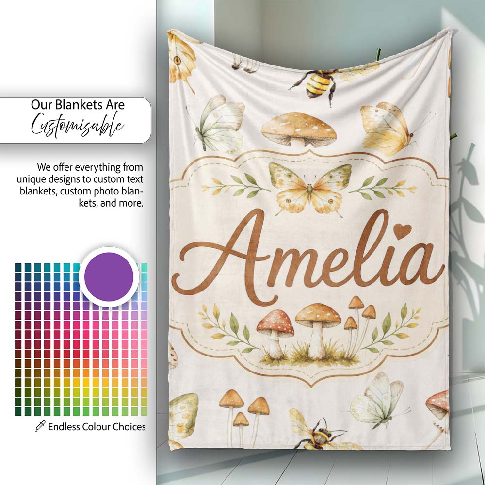 Vintage Butterfly Bees Mushrooms Illustration Warm Cream Background  Personalised Custom Name Super Soft Fleece Blanket Bed Sofa Throw