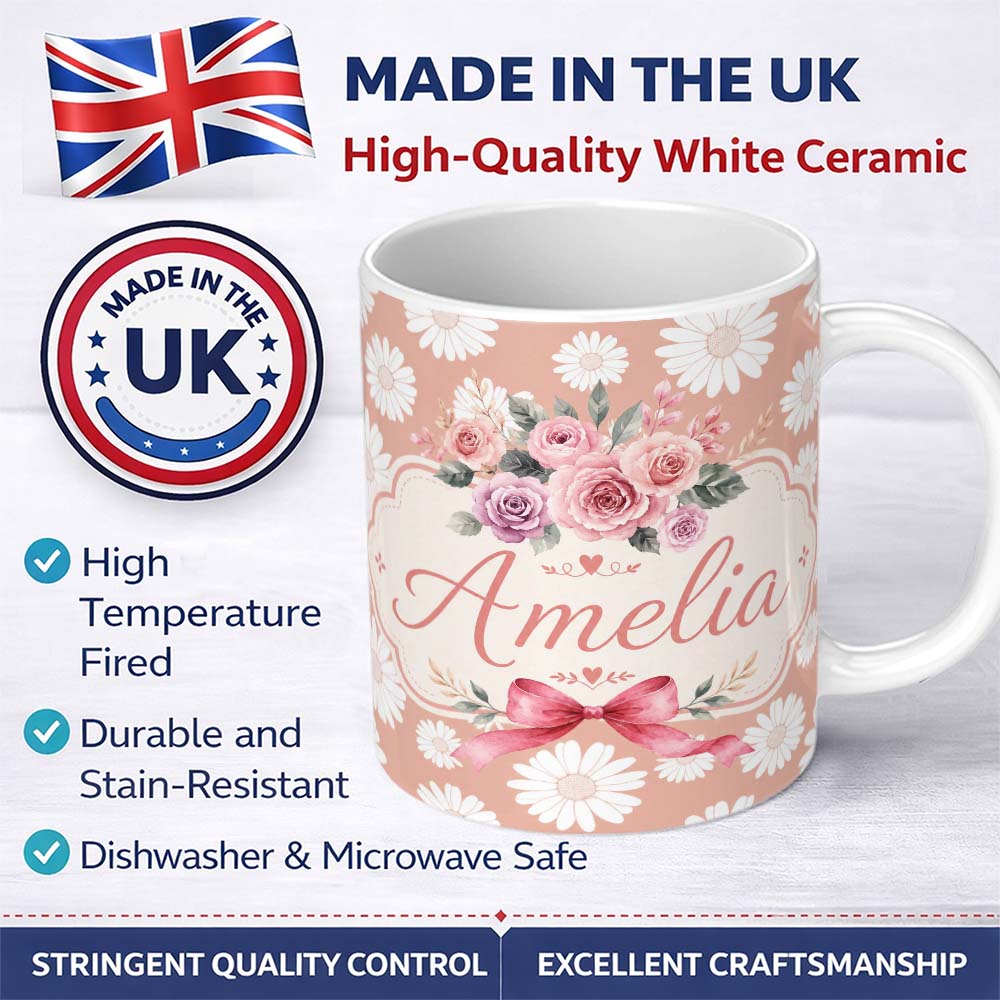 Personalized Custom Name White Daisy Floral Pattern on Peach Background Seamless Pattern 11oz Ceramic Coffee Tea Mug White Large Handle