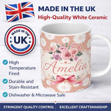 Personalized Custom Name White Daisy Floral Pattern on Peach Background Seamless Pattern 11oz Ceramic Coffee Tea Mug White Large Handle