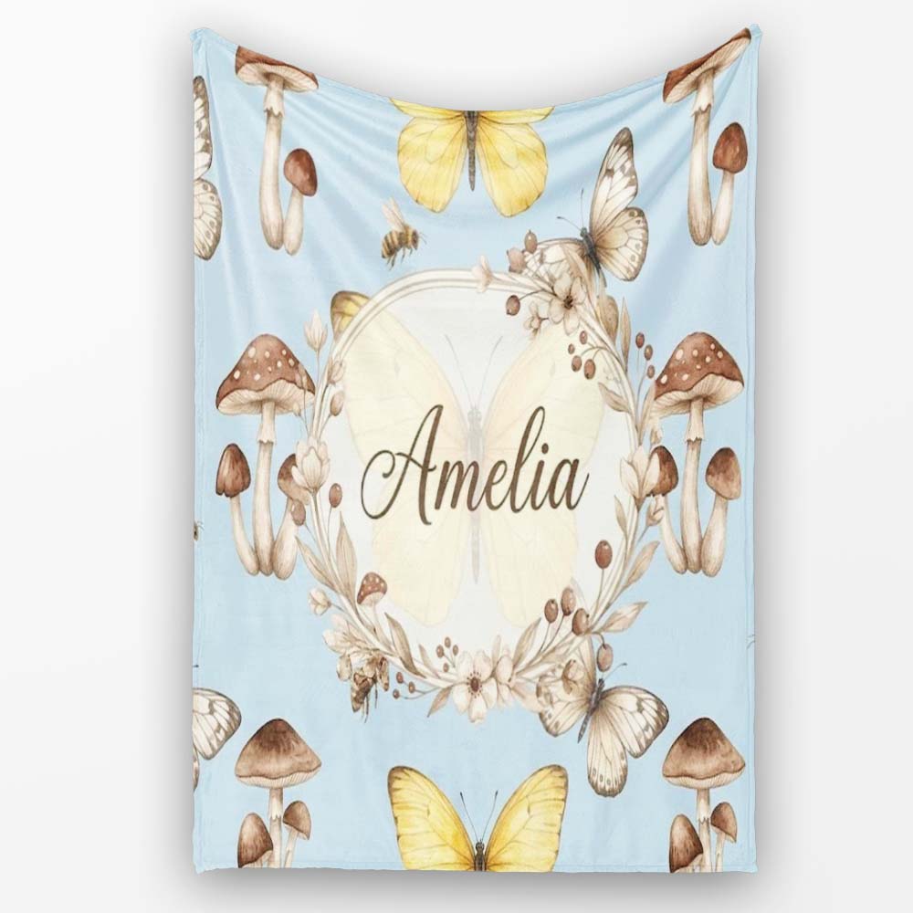 Vintage Butterfly Bees Mushrooms Illustration Dusty Blue Background  Personalised Custom Name Super Soft Fleece Blanket Bed Sofa Throw