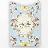 Vintage Butterfly Bees Mushrooms Illustration Dusty Blue Background  Personalised Custom Name Super Soft Fleece Blanket Bed Sofa Throw