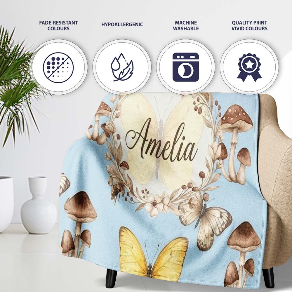Vintage Butterfly Bees Mushrooms Illustration Dusty Blue Background  Personalised Custom Name Super Soft Fleece Blanket Bed Sofa Throw