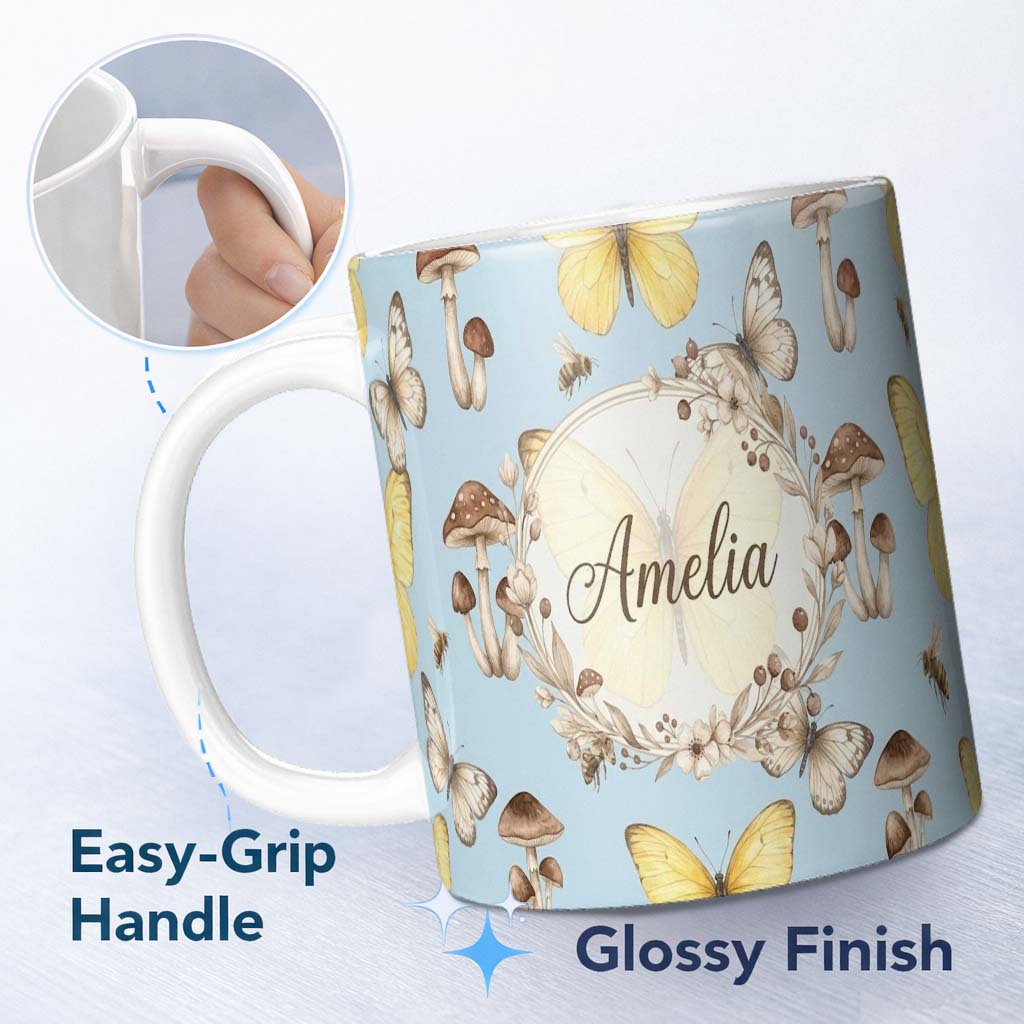 Personalized Custom Name Vintage Butterfly Bees Mushrooms Illustration Dusty Blue Background 11oz Ceramic Coffee Tea Mug White Large Handle