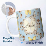 Personalized Custom Name Vintage Butterfly Bees Mushrooms Illustration Dusty Blue Background 11oz Ceramic Coffee Tea Mug White Large Handle