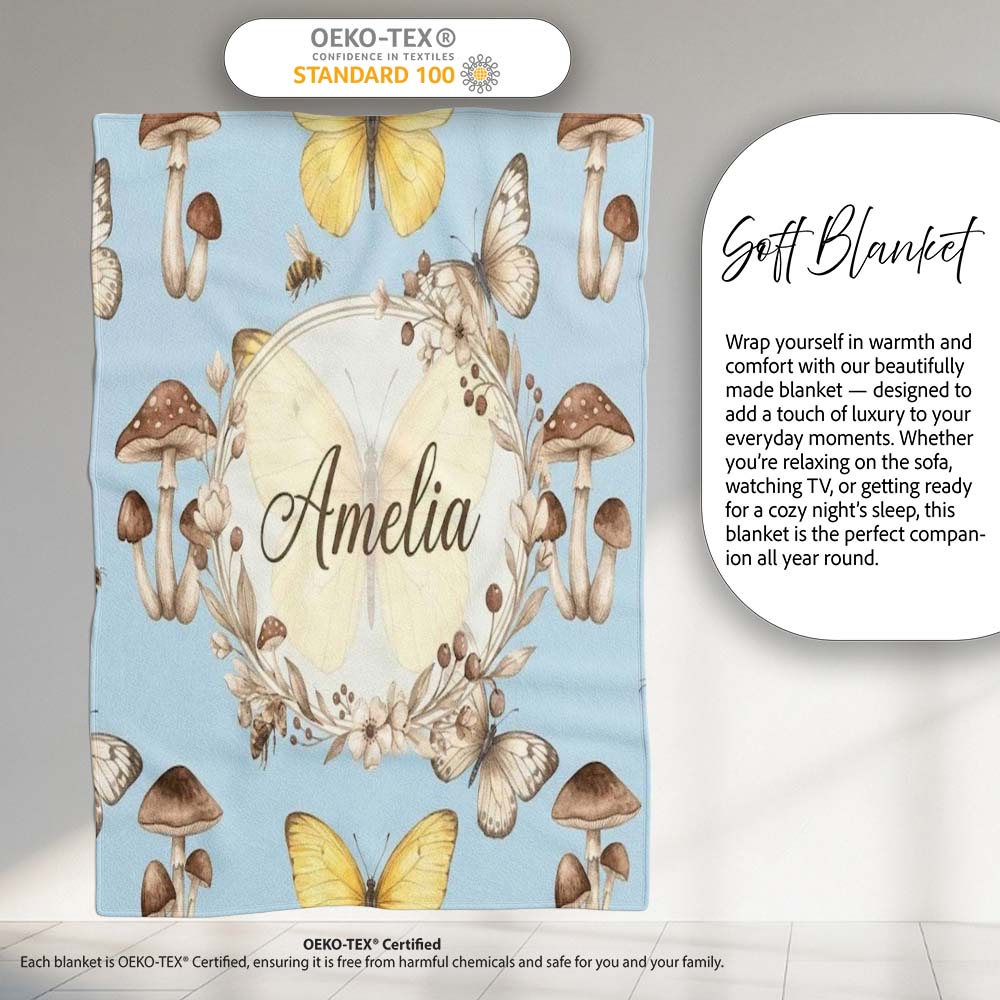 Vintage Butterfly Bees Mushrooms Illustration Dusty Blue Background  Personalised Custom Name Super Soft Fleece Blanket Bed Sofa Throw