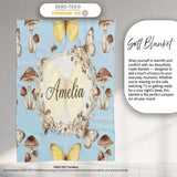 Vintage Butterfly Bees Mushrooms Illustration Dusty Blue Background  Personalised Custom Name Super Soft Fleece Blanket Bed Sofa Throw