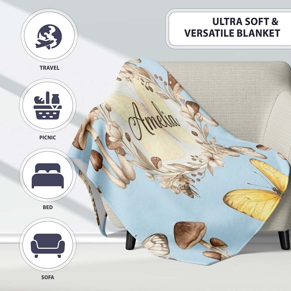 Vintage Butterfly Bees Mushrooms Illustration Dusty Blue Background  Personalised Custom Name Super Soft Fleece Blanket Bed Sofa Throw