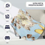 Vintage Butterfly Bees Mushrooms Illustration Dusty Blue Background  Personalised Custom Name Super Soft Fleece Blanket Bed Sofa Throw